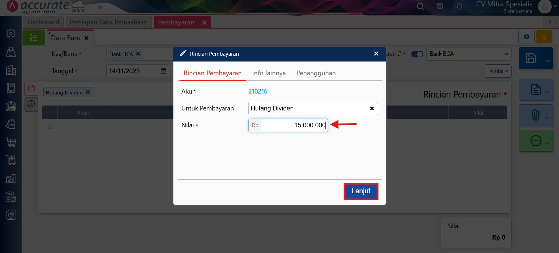 mencatat pembagian deviden